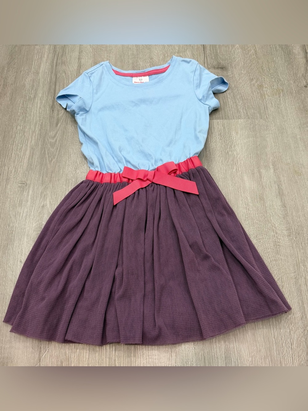 Hanna Andersson 6-7 120 Girls Light Blue and Plum Bow Waist Dress